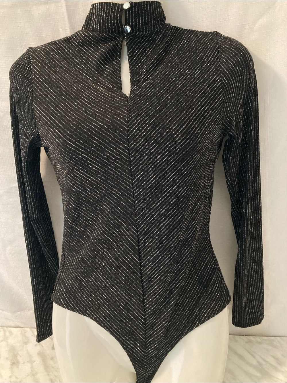 Bloshed Y2K Black Metallic Striped Mock Neck Bodysuit Size S